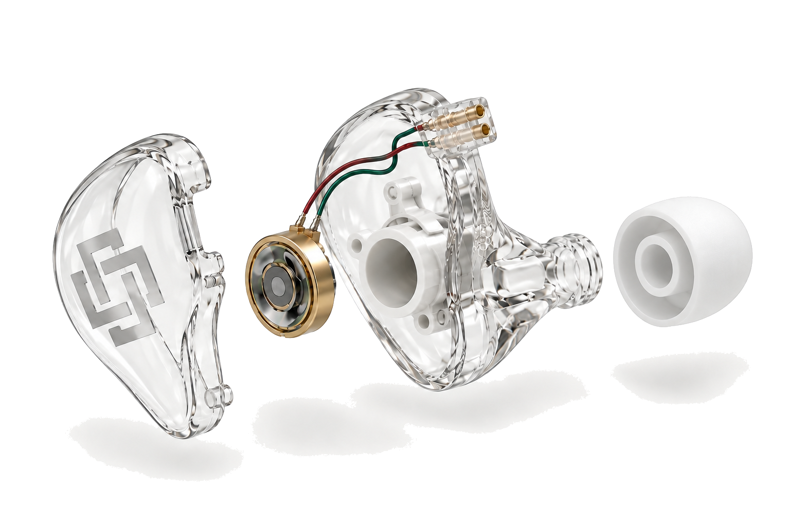 Exploded view of the BYPOLAR White Serpent IEM with transparent faceplate, dynamic driver, internal wiring, complete nozzle and white silicone eartip