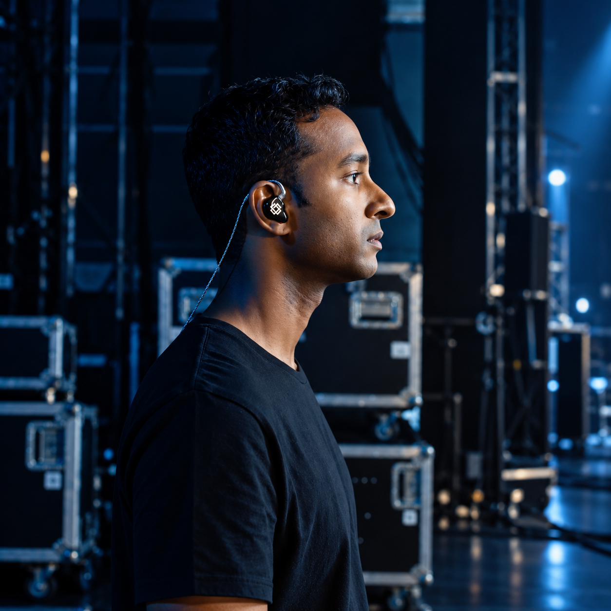Musician wearing a BYPOLAR in-ear monitor backstage